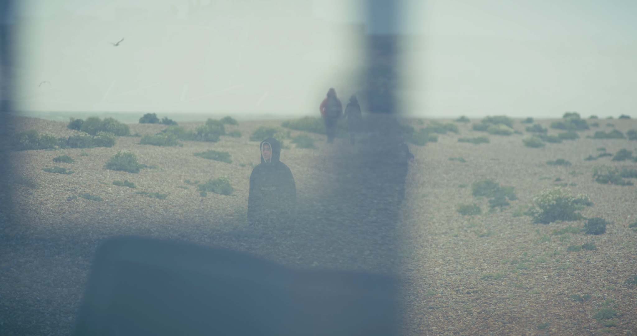 A boy in a black hoodie walks along a pebbly beach, with two other figures in the background, surrounded by sparse greenery.
